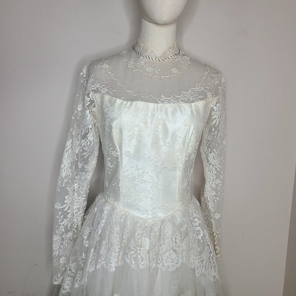 VTG 50s Wedding Dress Cottagecore Lace Tulle Bridal Gown Coquette Princess - Picture 3 of 12